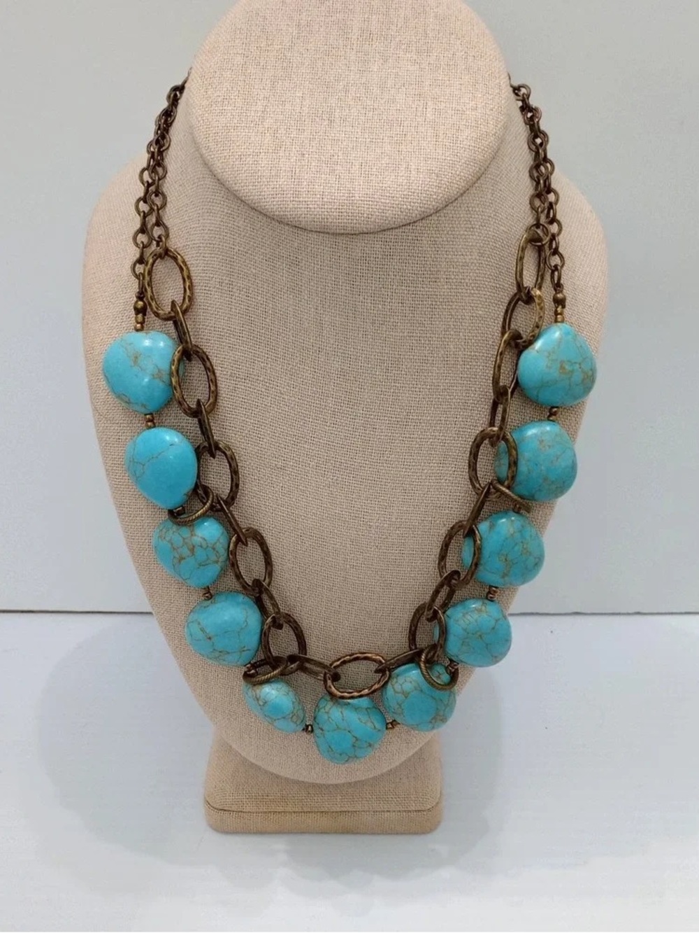 Turquoise Bead Link Necklace - Statement Blue & Antique Gold